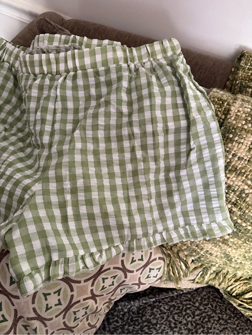 SHEIN Green and White Gingham Shorts with Elastic Waist